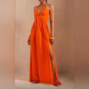 New Open Cut Out Tie Halter Split Hem Maxi Dress Orange